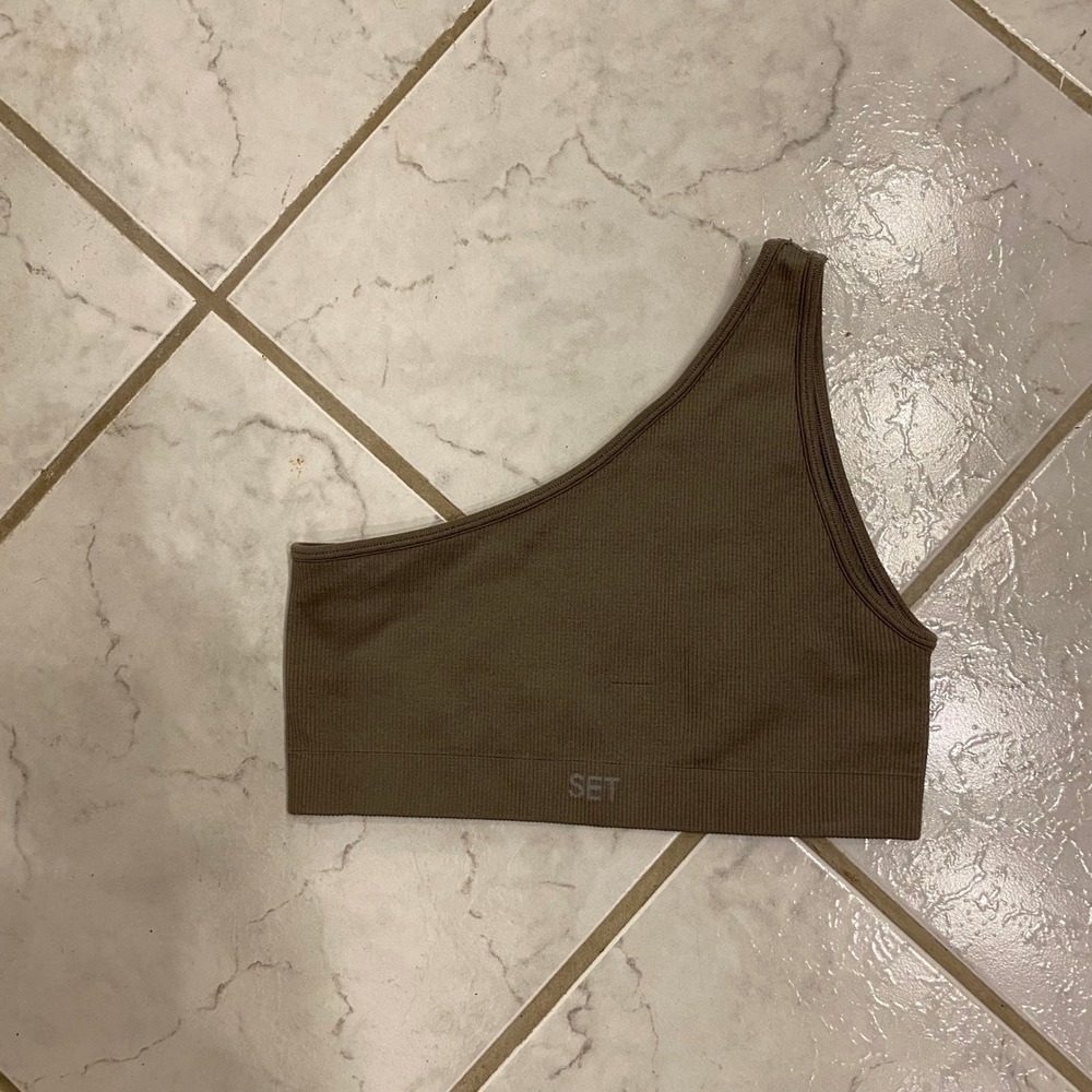Set Active Women Ribbed One Shoulder Sports Bra Brown/Grey XS/S Seamless